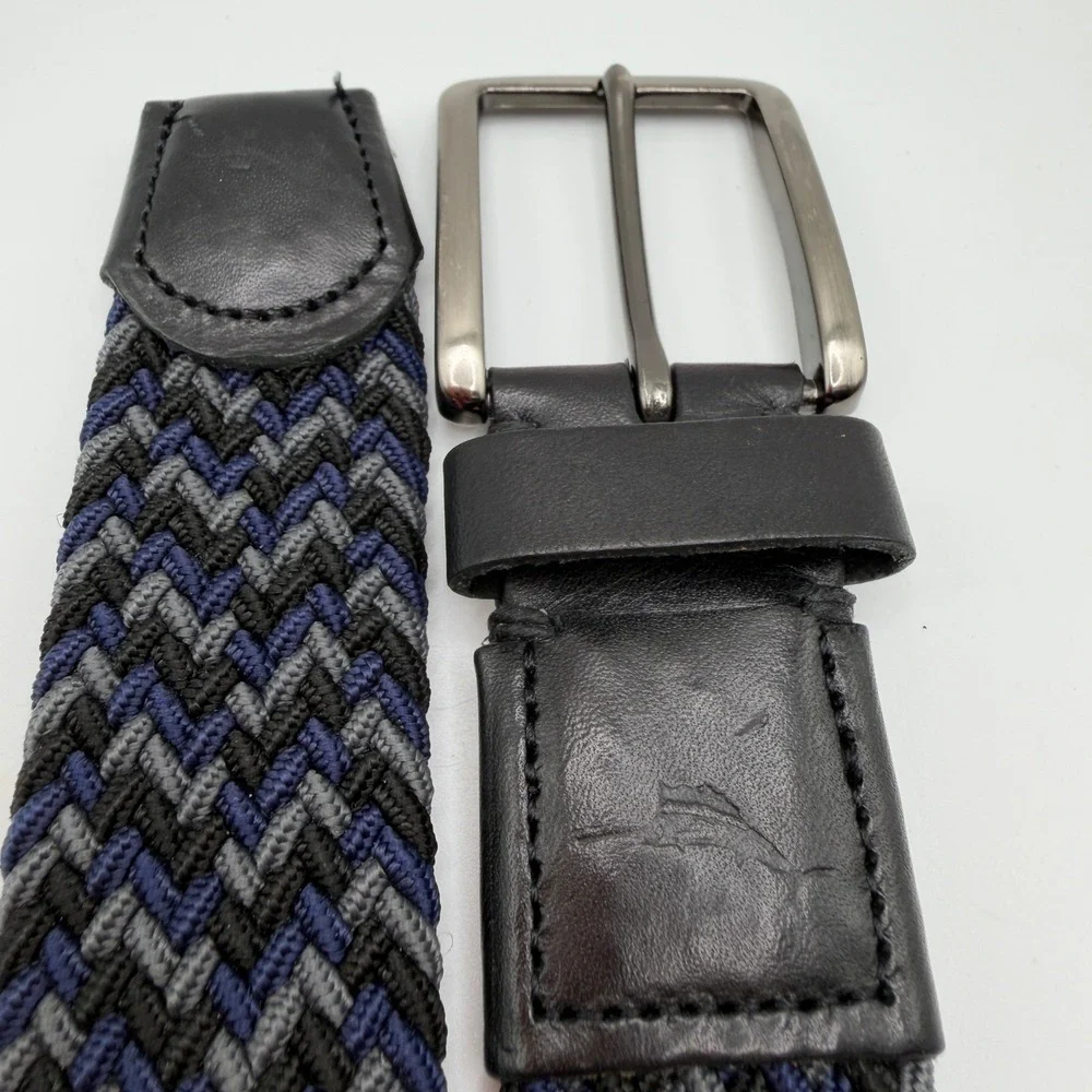 Tommy Bahama‎ Mens Braided Stretch Belt Navy Grey Black Leather Trim S/M